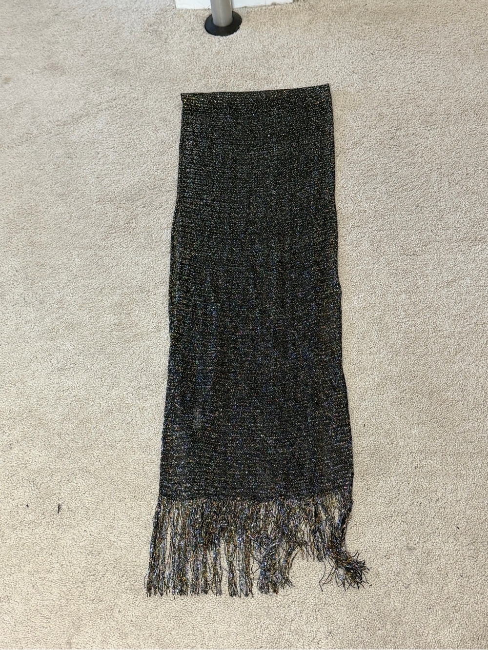 Chico’s Black Gold Metallic Fringe Scarf Lightweight Shimmery 82x12